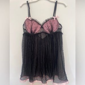 Victoria's Secret 2010 Black Pink Polka Dot Mesh BabyDoll 34B w/ Panty S/M